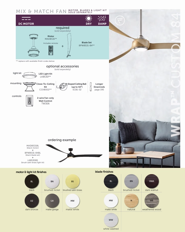 Fanimation Wrap 84" DC Indoor/Outdoor Mix & Match Ceiling Fan with Remote Control