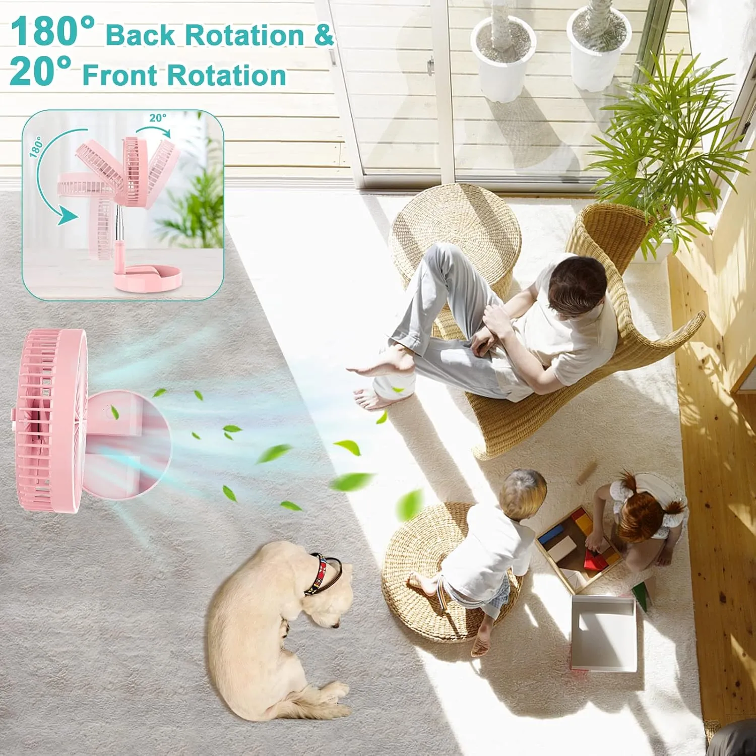 Flodaway Fan Rechargeable, Fold Away Fans Collapsible Portable Fan Pink for Traveling Foldable Compact, Desk and Floor Fan 7200mAh Portable Folding Fan Battery Operated Adjustable 14.5-40"