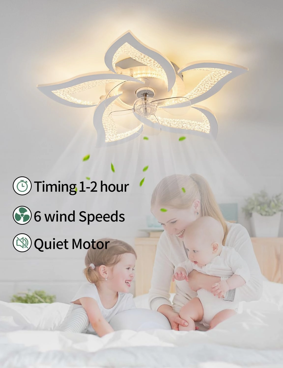 Flower Ceiling Fans with Lights and Remote, 24 Inch Modern Low Profile Flush Mount Ceiling Fan, Dimmable LED Ceiling Light Fixture, Small Ceiling Fans for Bedroom, Kitchen, Indoor-White