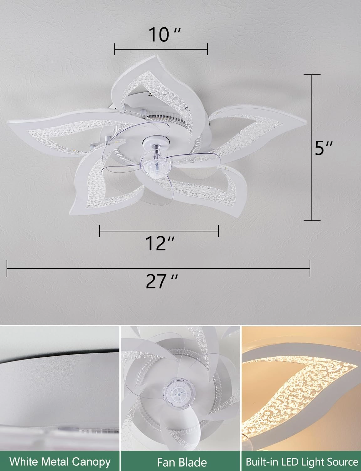 Flower Ceiling Fans with Lights and Remote, 24 Inch Modern Low Profile Flush Mount Ceiling Fan, Dimmable LED Ceiling Light Fixture, Small Ceiling Fans for Bedroom, Kitchen, Indoor-White