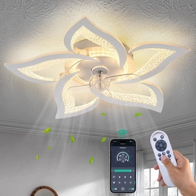 Flower Ceiling Fans with Lights and Remote, 24 Inch Modern Low Profile Flush Mount Ceiling Fan, Dimmable LED Ceiling Light Fixture, Small Ceiling Fans for Bedroom, Kitchen, Indoor-White App-controlled remote fan for convenience