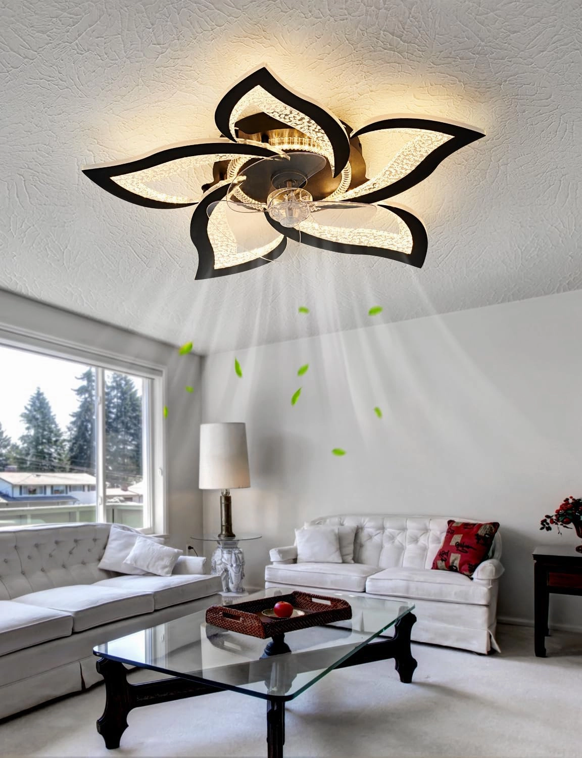 Flower Ceiling Fans with Lights and Remote, 27 Inch Modern Low Profile Flush Mount Ceiling Fan, Dimmable LED Ceiling Light Fixture, Small Ceiling Fans for Bedroom, Kitchen, Indoor-Black