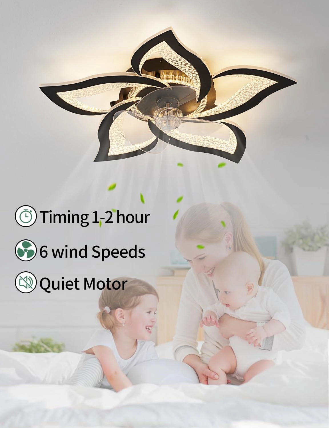 Flower Ceiling Fans with Lights and Remote, 27 Inch Modern Low Profile Flush Mount Ceiling Fan, Dimmable LED Ceiling Light Fixture, Small Ceiling Fans for Bedroom, Kitchen, Indoor-Black