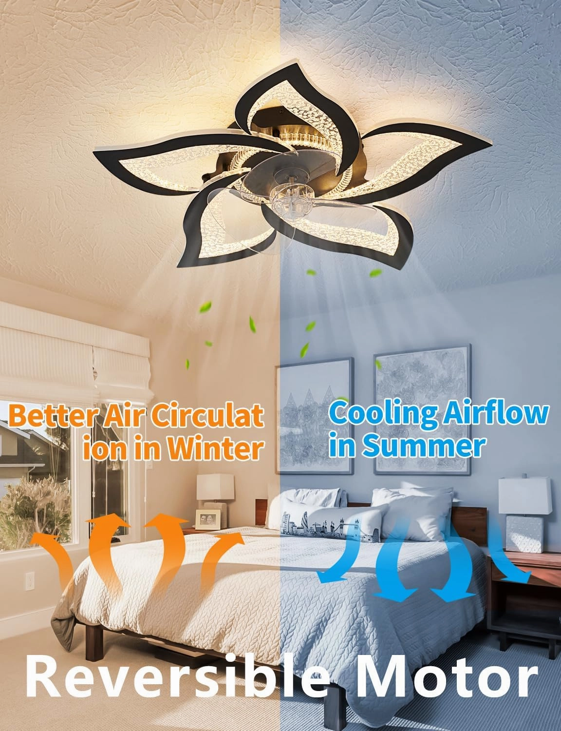 Flower Ceiling Fans with Lights and Remote, 27 Inch Modern Low Profile Flush Mount Ceiling Fan, Dimmable LED Ceiling Light Fixture, Small Ceiling Fans for Bedroom, Kitchen, Indoor-Black