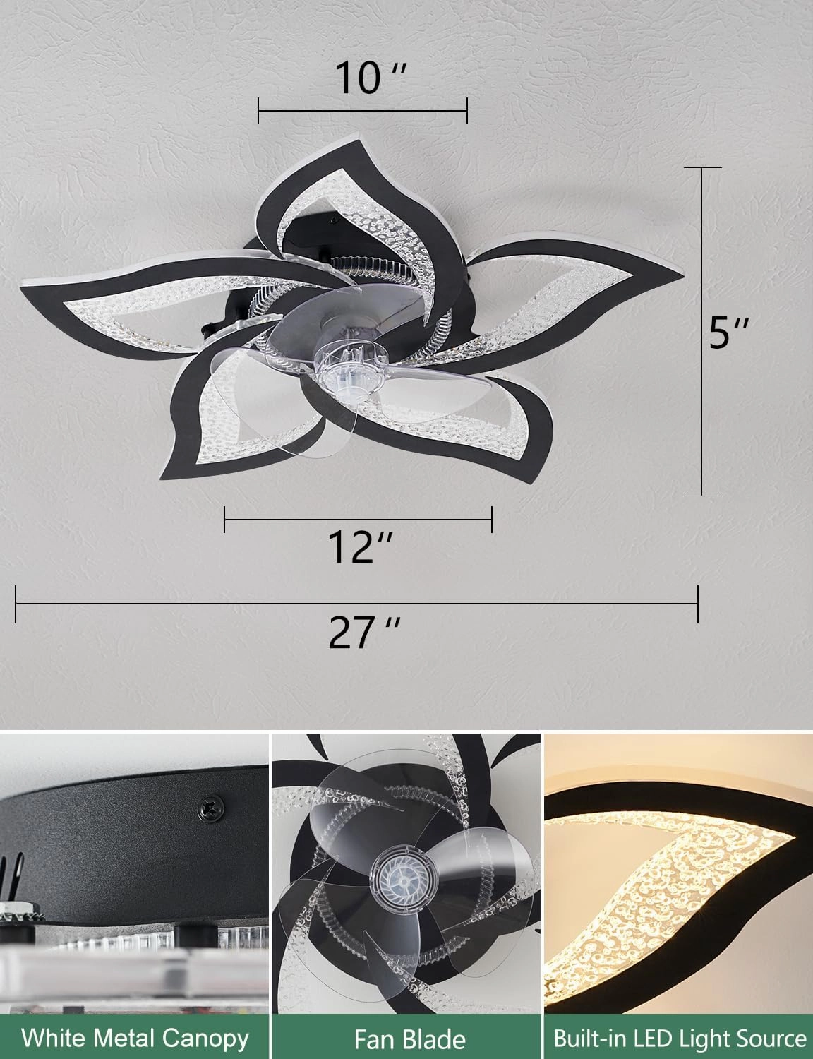 Flower Ceiling Fans with Lights and Remote, 27 Inch Modern Low Profile Flush Mount Ceiling Fan, Dimmable LED Ceiling Light Fixture, Small Ceiling Fans for Bedroom, Kitchen, Indoor-Black