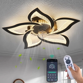 Flower Ceiling Fans with Lights and Remote, 27 Inch Modern Low Profile Flush Mount Ceiling Fan, Dimmable LED Ceiling Light Fixture, Small Ceiling Fans for Bedroom, Kitchen, Indoor-Black App-controlled remote fan for convenience