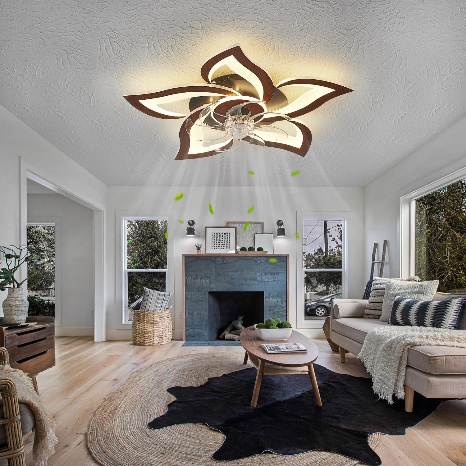 Flower Modern Ceiling Fans with Lights, Low Profile Ceiling Fan with Remote for bedroom, Flush Mount Ceiling Fan with LED Dimmable Light,3-Colors, 6-Speeds, Timing CeilingFans Light, Walnutcolor