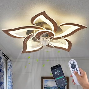 Flower Modern Ceiling Fans with Lights, Low Profile Ceiling Fan with Remote for bedroom, Flush Mount Ceiling Fan with LED Dimmable Light,3-Colors, 6-Speeds, Timing CeilingFans Light, Walnutcolor App-controlled remote fan for convenience