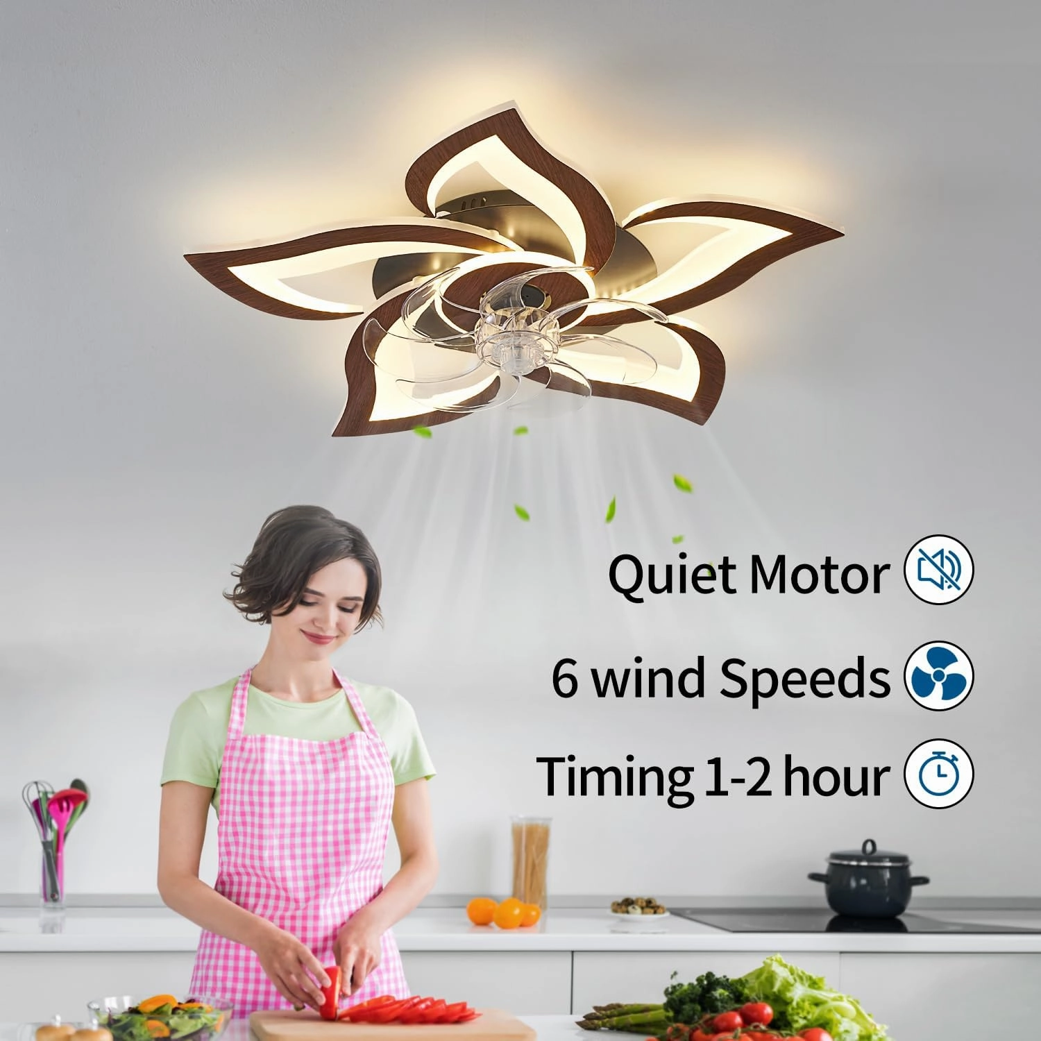 Flower Modern Ceiling Fans with Lights, Low Profile Ceiling Fan with Remote for bedroom, Flush Mount Ceiling Fan with LED Dimmable Light,3-Colors, 6-Speeds, Timing CeilingFans Light, Walnutcolor
