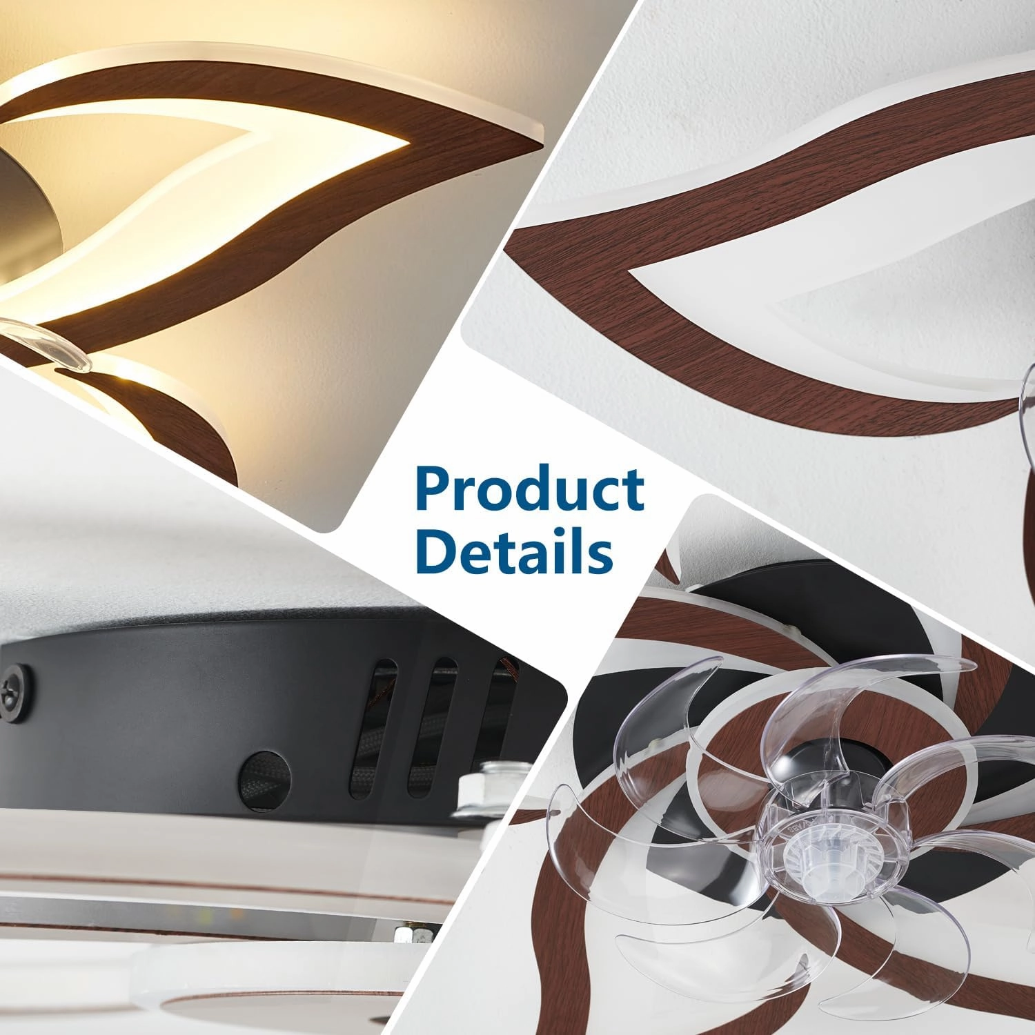 Flower Modern Ceiling Fans with Lights, Low Profile Ceiling Fan with Remote for bedroom, Flush Mount Ceiling Fan with LED Dimmable Light,3-Colors, 6-Speeds, Timing CeilingFans Light, Walnutcolor