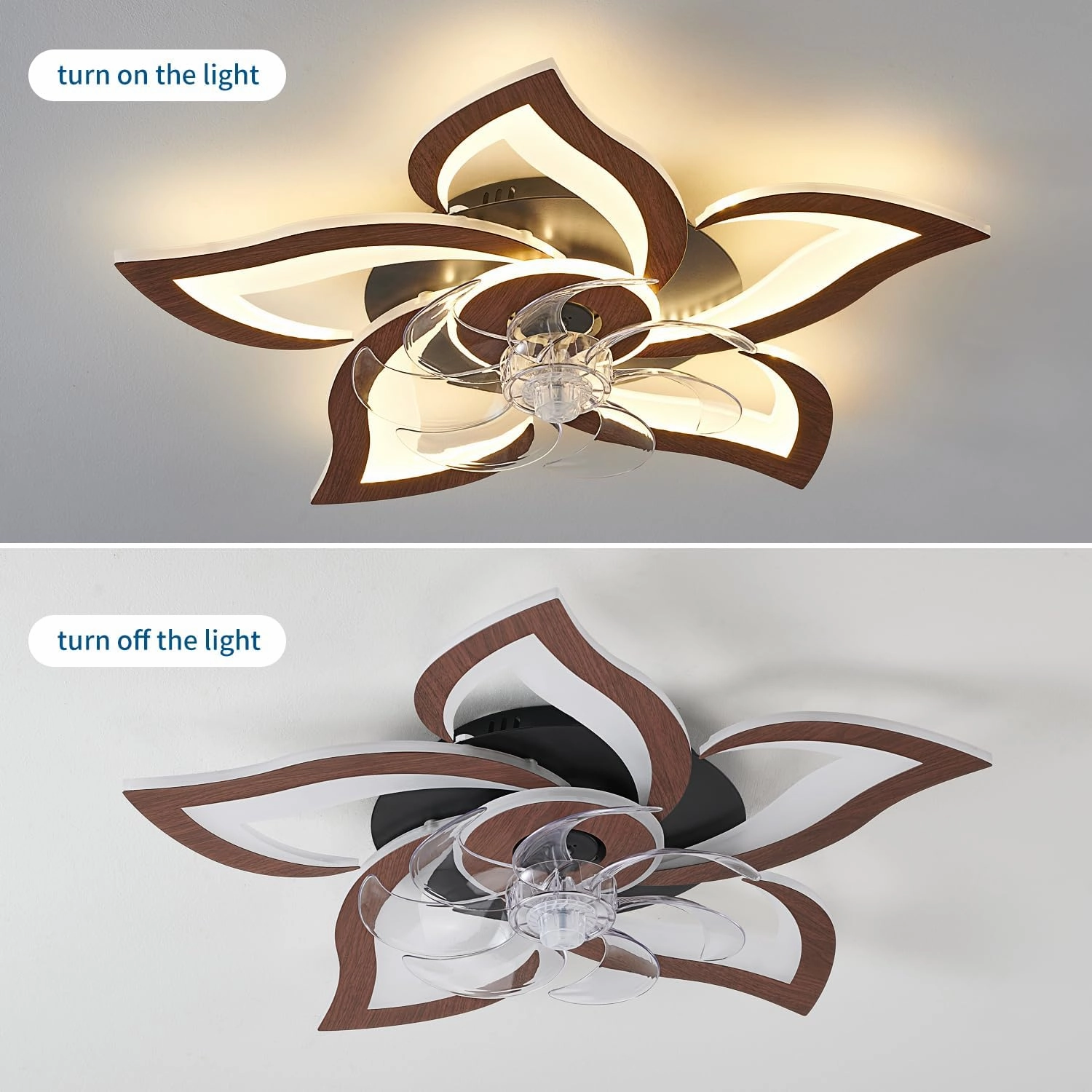 Flower Modern Ceiling Fans with Lights, Low Profile Ceiling Fan with Remote for bedroom, Flush Mount Ceiling Fan with LED Dimmable Light,3-Colors, 6-Speeds, Timing CeilingFans Light, Walnutcolor