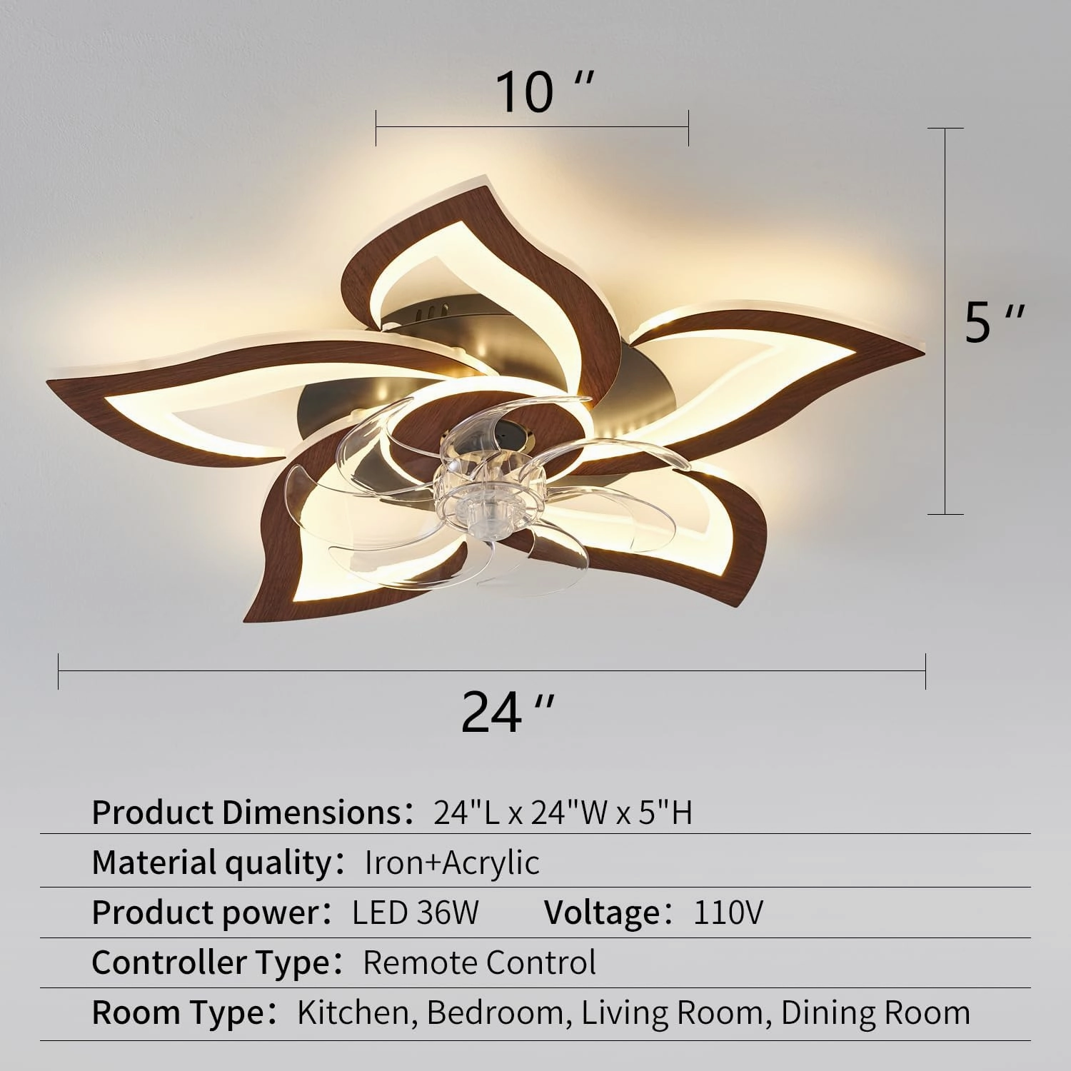 Flower Modern Ceiling Fans with Lights, Low Profile Ceiling Fan with Remote for bedroom, Flush Mount Ceiling Fan with LED Dimmable Light,3-Colors, 6-Speeds, Timing CeilingFans Light, Walnutcolor