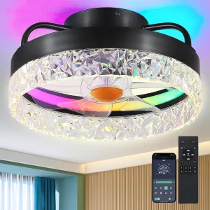 Flush Mount Ceiling Fan with Light - Small Low Profile Ceiling Fan,13" RGB Dimmable LED Bladeless Ceiling Fans, Modern Enclosed LED-RGB Ambient Light for Bedroom, Kids Room, Party Small bladeless fan for quiet cooling
