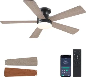 Flush Mount Ceiling Fan with Lights - 46IN Modern Indoor/Outdoor Ceiling Fan Light with Remote/APP, Low Profile Fan Light with 6 Speeds, Dimming, for Bedroom, Living Room, Brown App-controlled remote fan for convenience