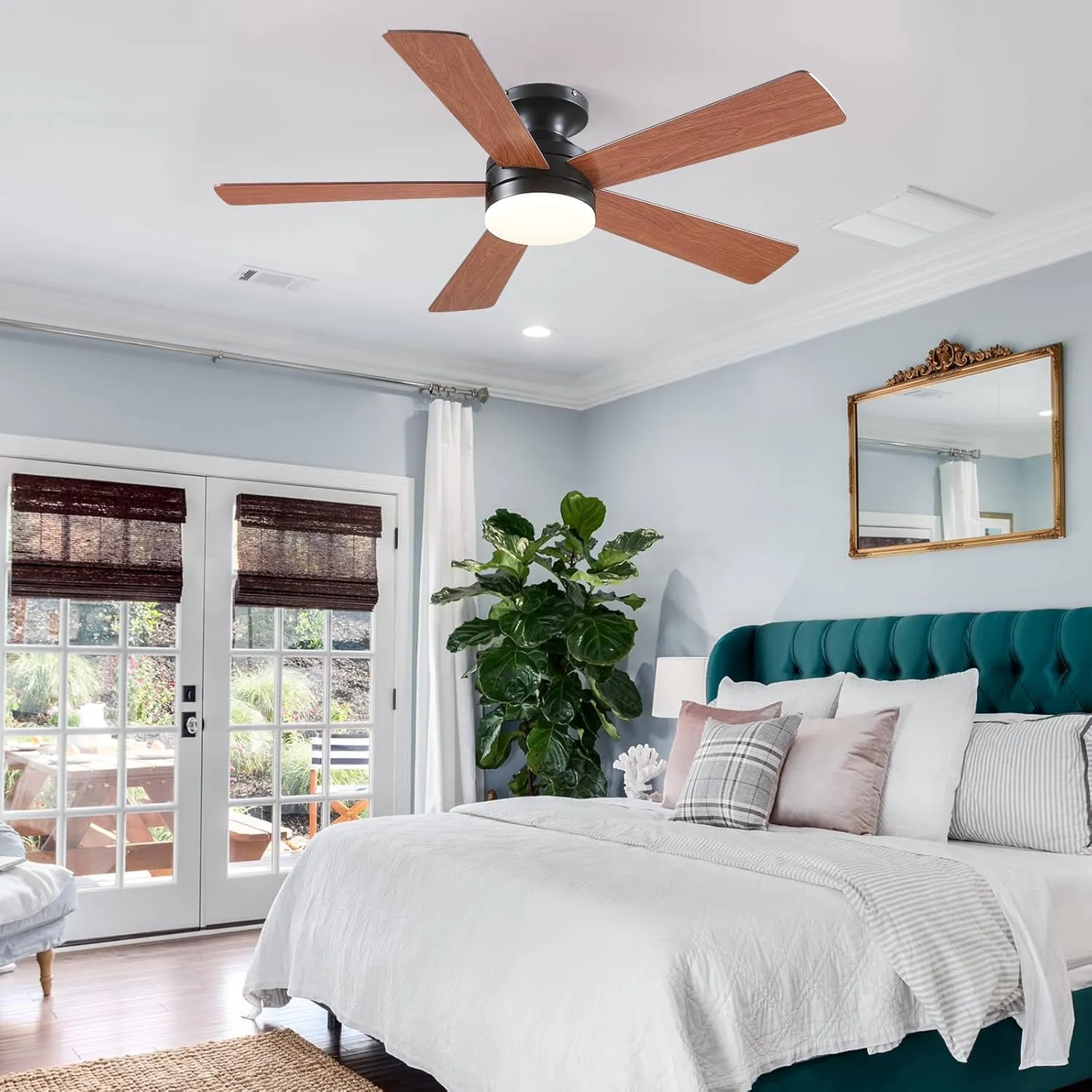 Flush Mount Ceiling Fan with Lights - 46IN Modern Indoor/Outdoor Ceiling Fan Light with Remote/APP, Low Profile Fan Light with 6 Speeds, Dimming, for Bedroom, Living Room, Brown