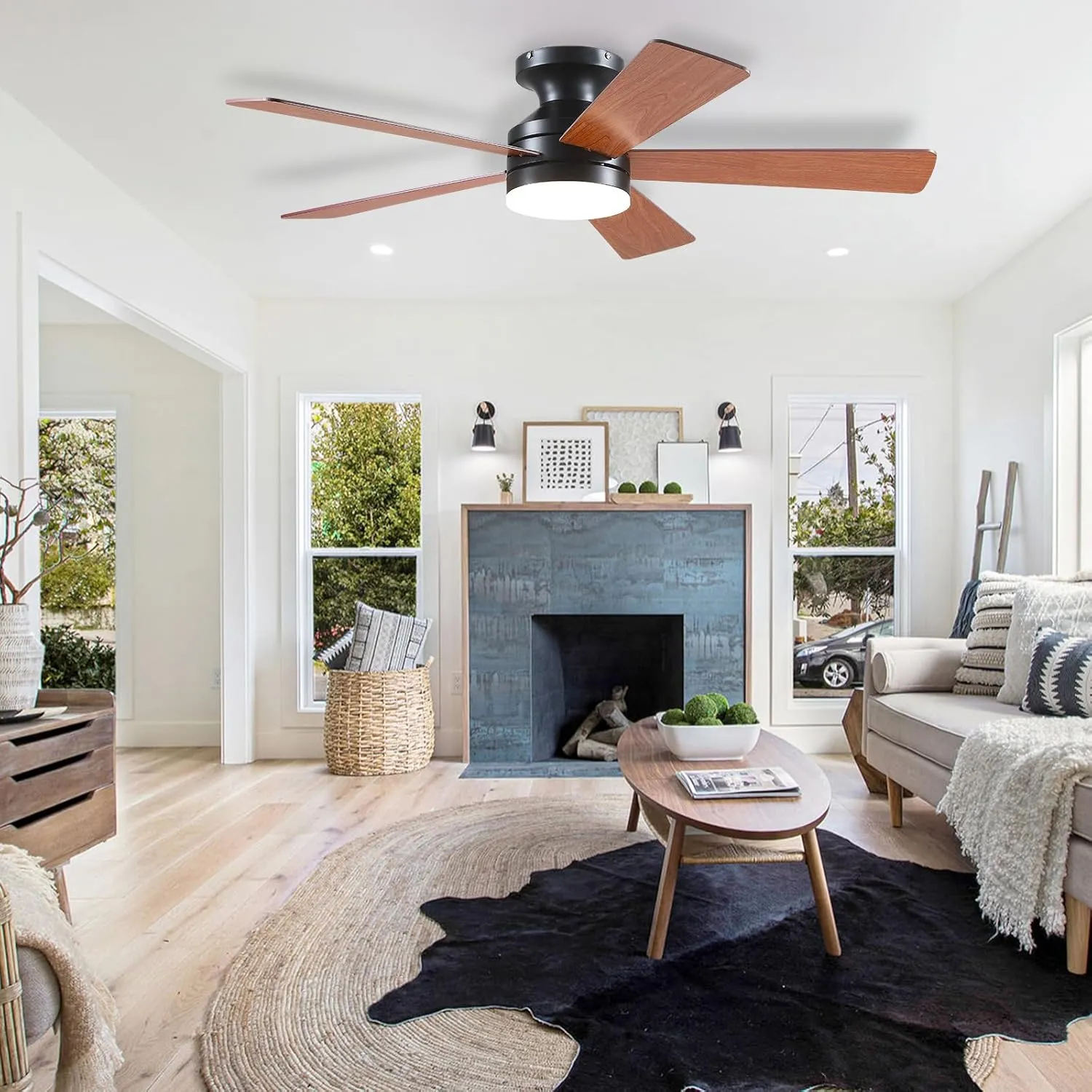 Flush Mount Ceiling Fan with Lights - 46IN Modern Indoor/Outdoor Ceiling Fan Light with Remote/APP, Low Profile Fan Light with 6 Speeds, Dimming, for Bedroom, Living Room, Brown