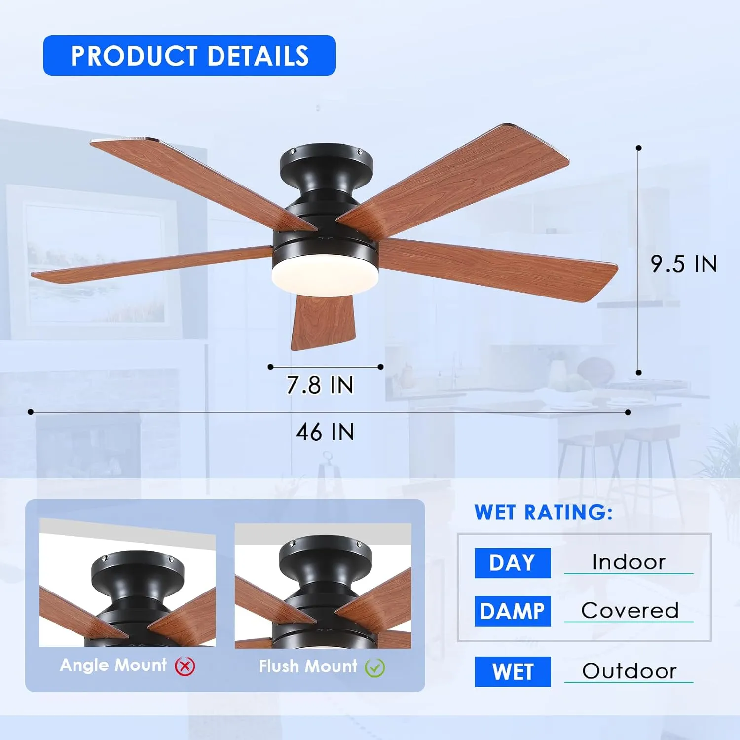 Flush Mount Ceiling Fan with Lights - 46IN Modern Indoor/Outdoor Ceiling Fan Light with Remote/APP, Low Profile Fan Light with 6 Speeds, Dimming, for Bedroom, Living Room, Brown
