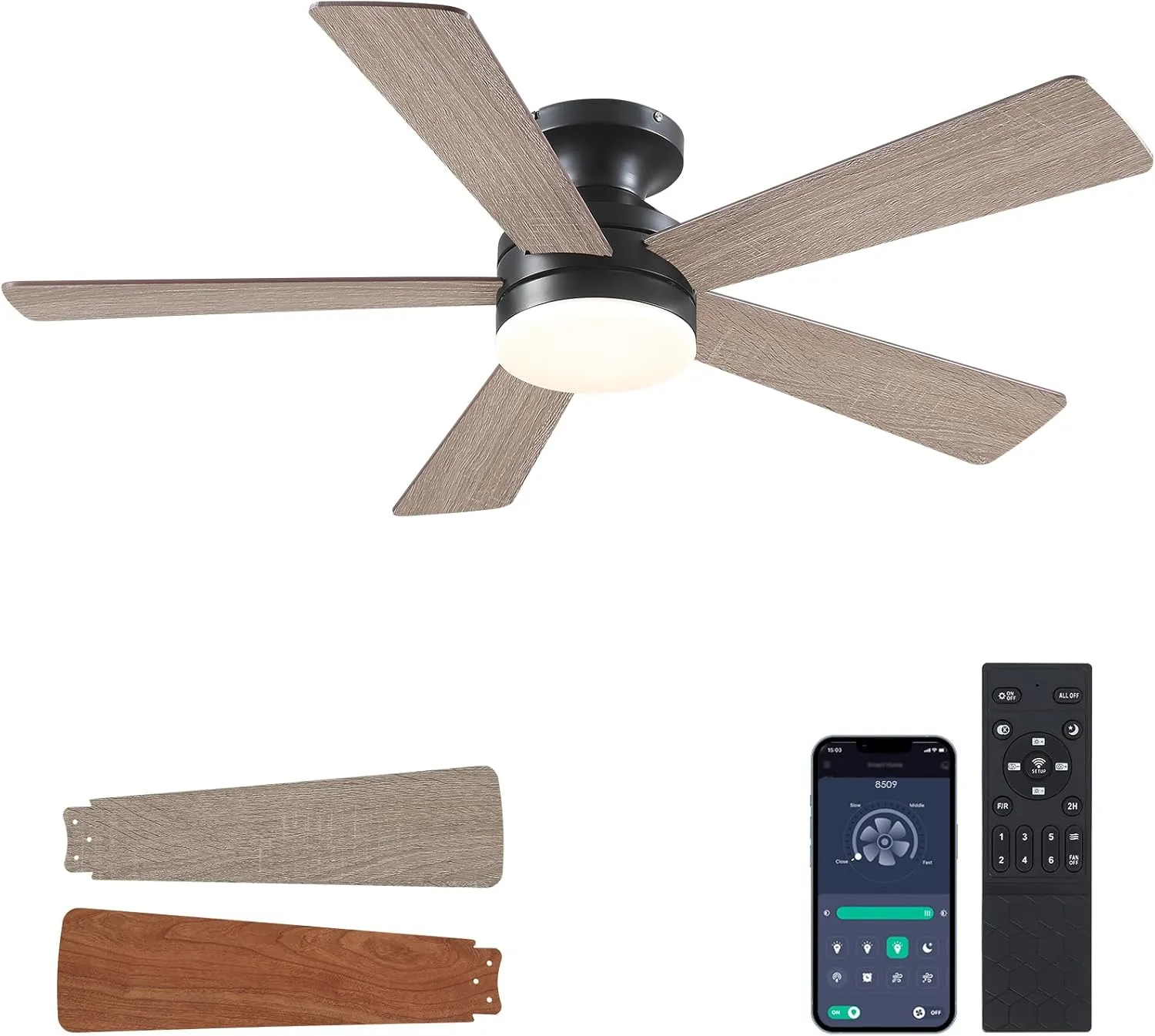 Flush Mount Ceiling Fan with Lights - 46IN Modern Indoor/Outdoor Ceiling Fan Light with Remote/APP, Low Profile Fan Light with 6 Speeds, Dimming, for Bedroom, Living Room, Brown App-controlled remote fan for convenience