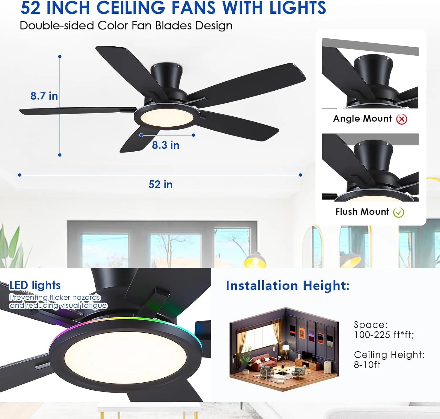 Flush Mount Ceiling Fan with RGB Light - 52In Black Ceiling Fan Light with Reversible Mute Motor, LED 3CCT Dimmable, Low Profile Modern Ceiling Fans for Indoor, Party, Covered Outdoor