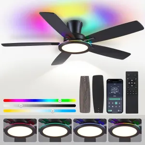 Flush Mount Ceiling Fan with RGB Light - 52In Black Ceiling Fan Light with Reversible Mute Motor, LED 3CCT Dimmable, Low Profile Modern Ceiling Fans for Indoor, Party, Covered Outdoor App-controlled remote fan for convenience