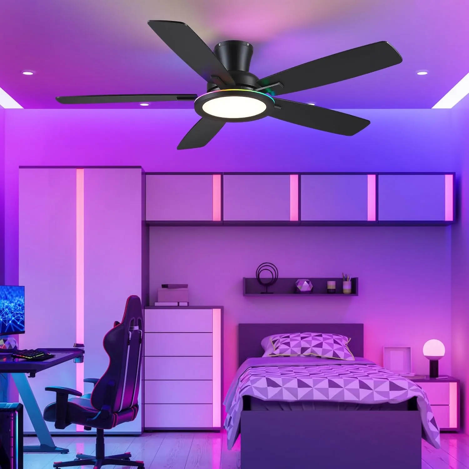 Flush Mount Ceiling Fan with RGB Light - 52In Black Ceiling Fan Light with Reversible Mute Motor, LED 3CCT Dimmable, Low Profile Modern Ceiling Fans for Indoor, Party, Covered Outdoor
