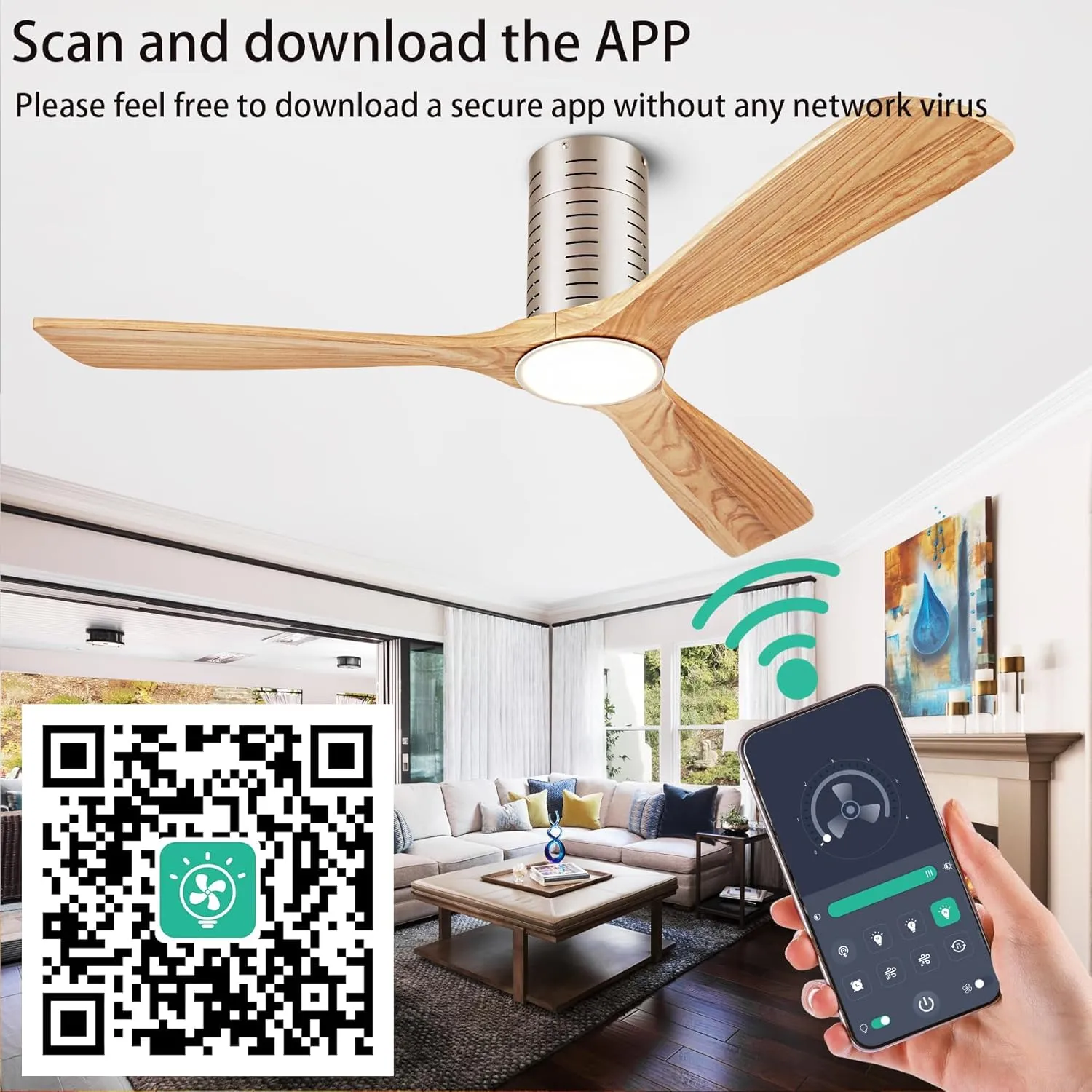 Flush Mount Ceiling Fans, 52 Inch Ceiling Fan with Remote/APP Control,3CCT Dimmable Lights,Noiseless Reversible DC Motor,3 Solid Wood Blades,Low Profile Ceiling Fans for Bedroom,Farmhouse,Patio