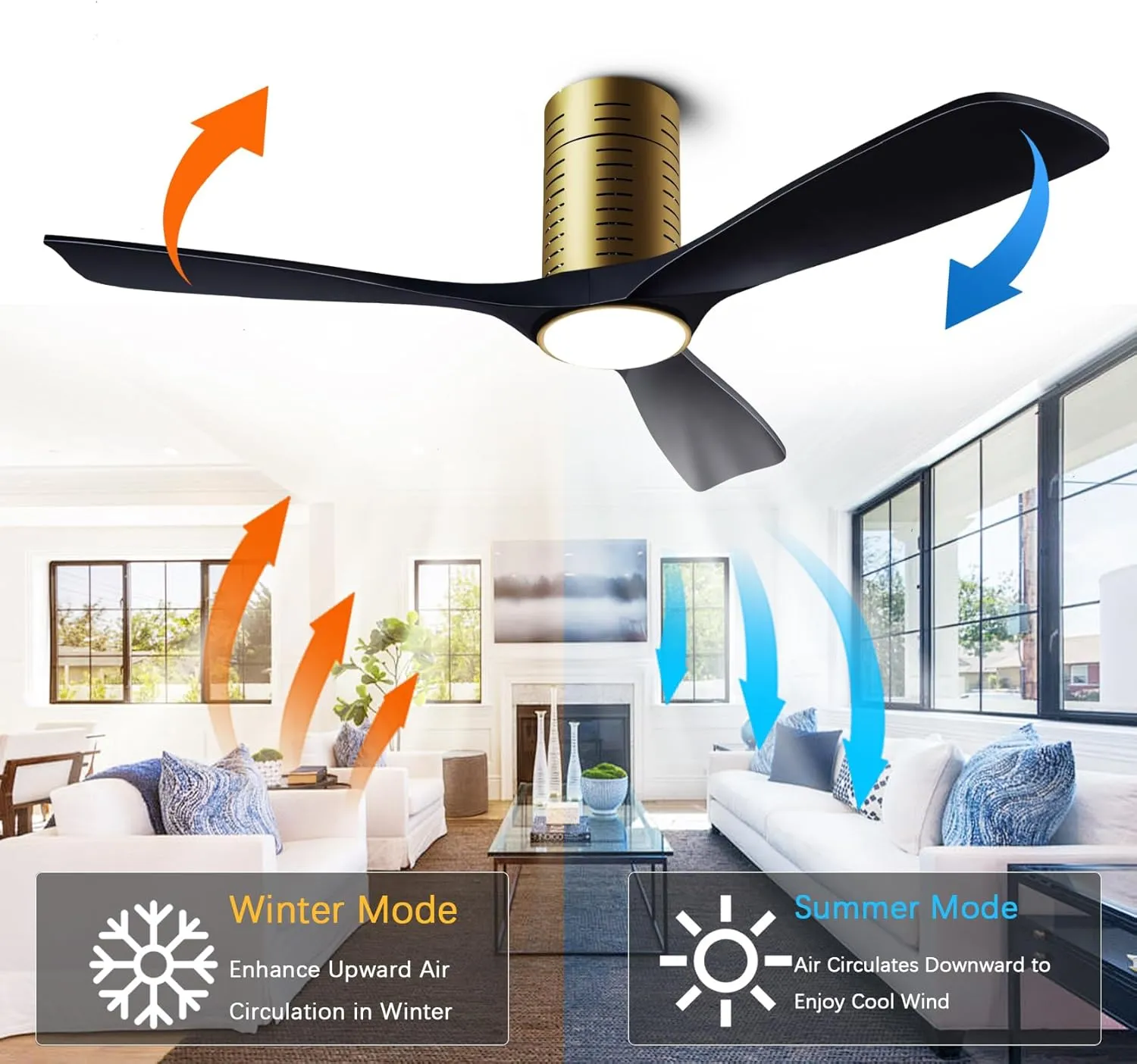 Flush Mount Ceiling Fans, 52 Inch Ceiling Fan with Remote/APP Control,3CCT Dimmable Lights,Noiseless Reversible DC Motor,3 Solid Wood Blades,Low Profile Ceiling Fans for Bedroom,Farmhouse,Patio