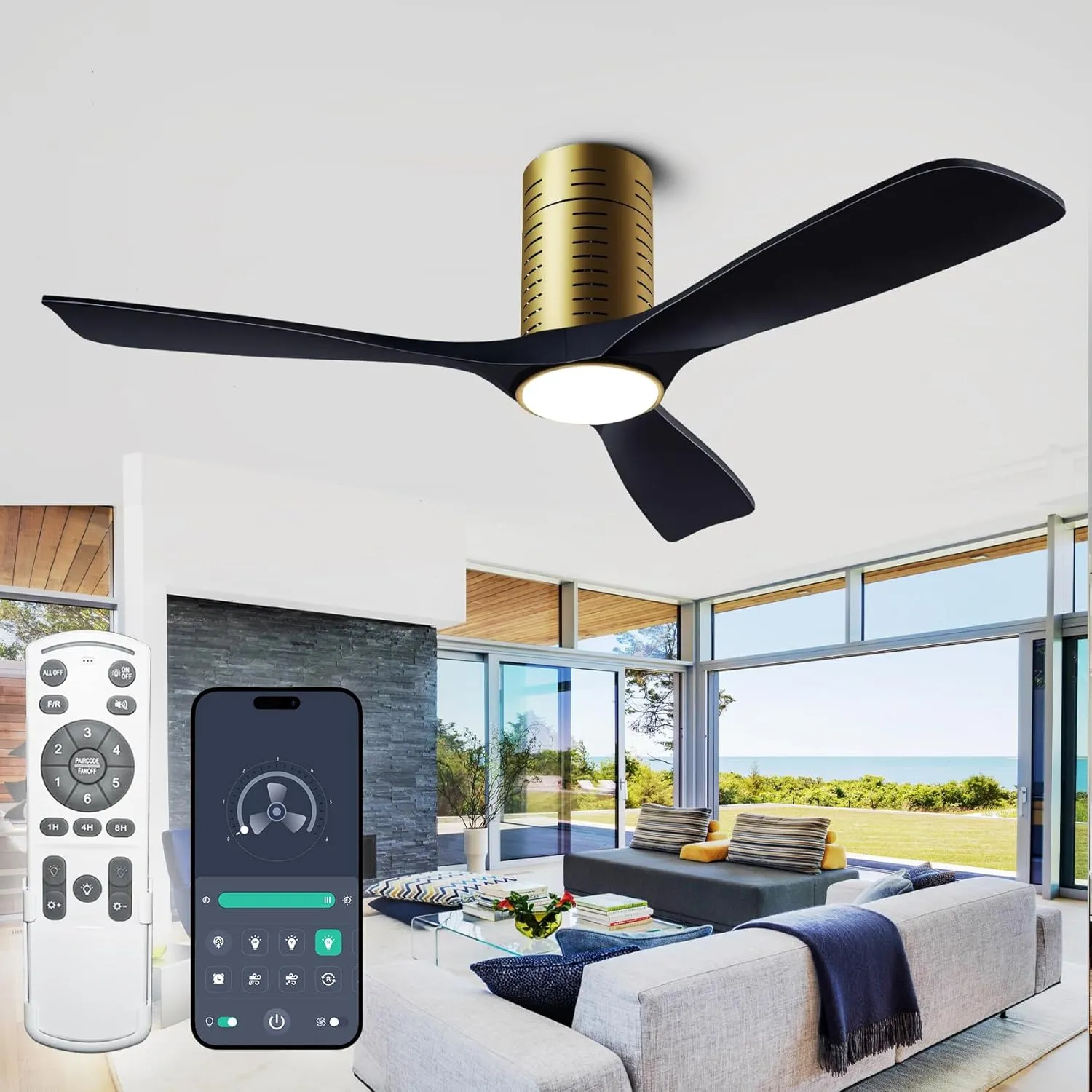 Flush Mount Ceiling Fans, 52 Inch Ceiling Fan with Remote/APP Control,3CCT Dimmable Lights,Noiseless Reversible DC Motor,3 Solid Wood Blades,Low Profile Ceiling Fans for Bedroom,Farmhouse,Patio App-controlled remote fan for convenience