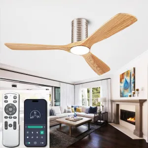 Flush Mount Ceiling Fans, 52 Inch Ceiling Fan with Remote/APP Control,3CCT Dimmable Lights,Noiseless Reversible DC Motor,3 Solid Wood Blades,Low Profile Ceiling Fans for Bedroom,Farmhouse,Patio App-controlled remote fan for convenience