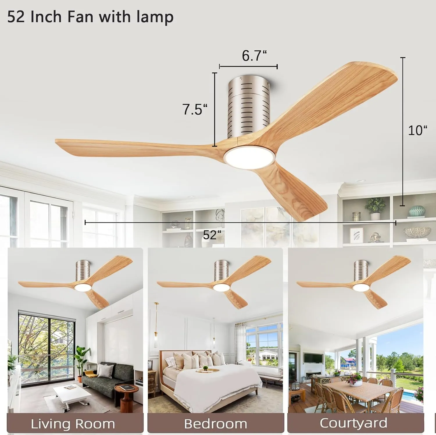 Flush Mount Ceiling Fans, 52 Inch Ceiling Fan with Remote/APP Control,3CCT Dimmable Lights,Noiseless Reversible DC Motor,3 Solid Wood Blades,Low Profile Ceiling Fans for Bedroom,Farmhouse,Patio