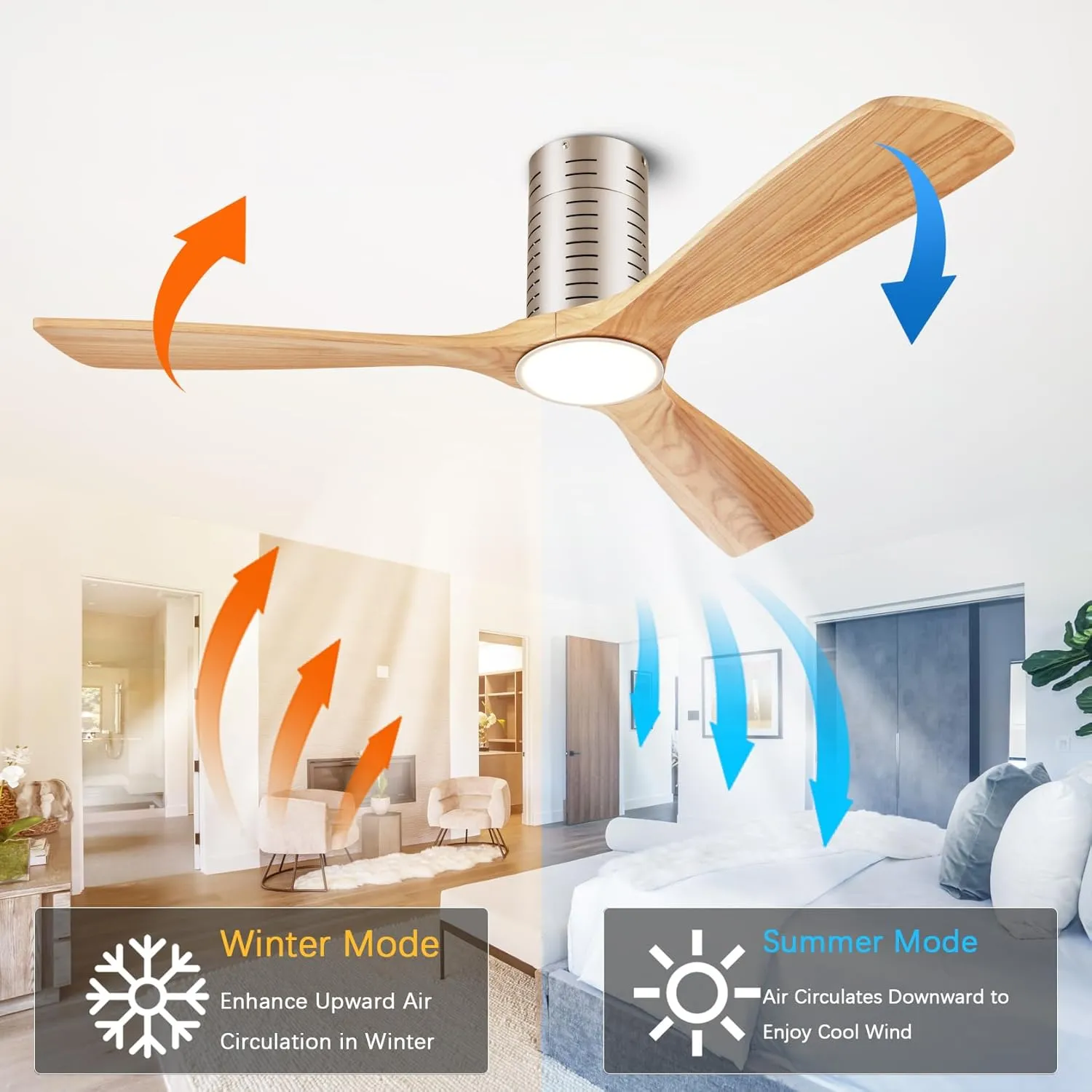Flush Mount Ceiling Fans, 52 Inch Ceiling Fan with Remote/APP Control,3CCT Dimmable Lights,Noiseless Reversible DC Motor,3 Solid Wood Blades,Low Profile Ceiling Fans for Bedroom,Farmhouse,Patio