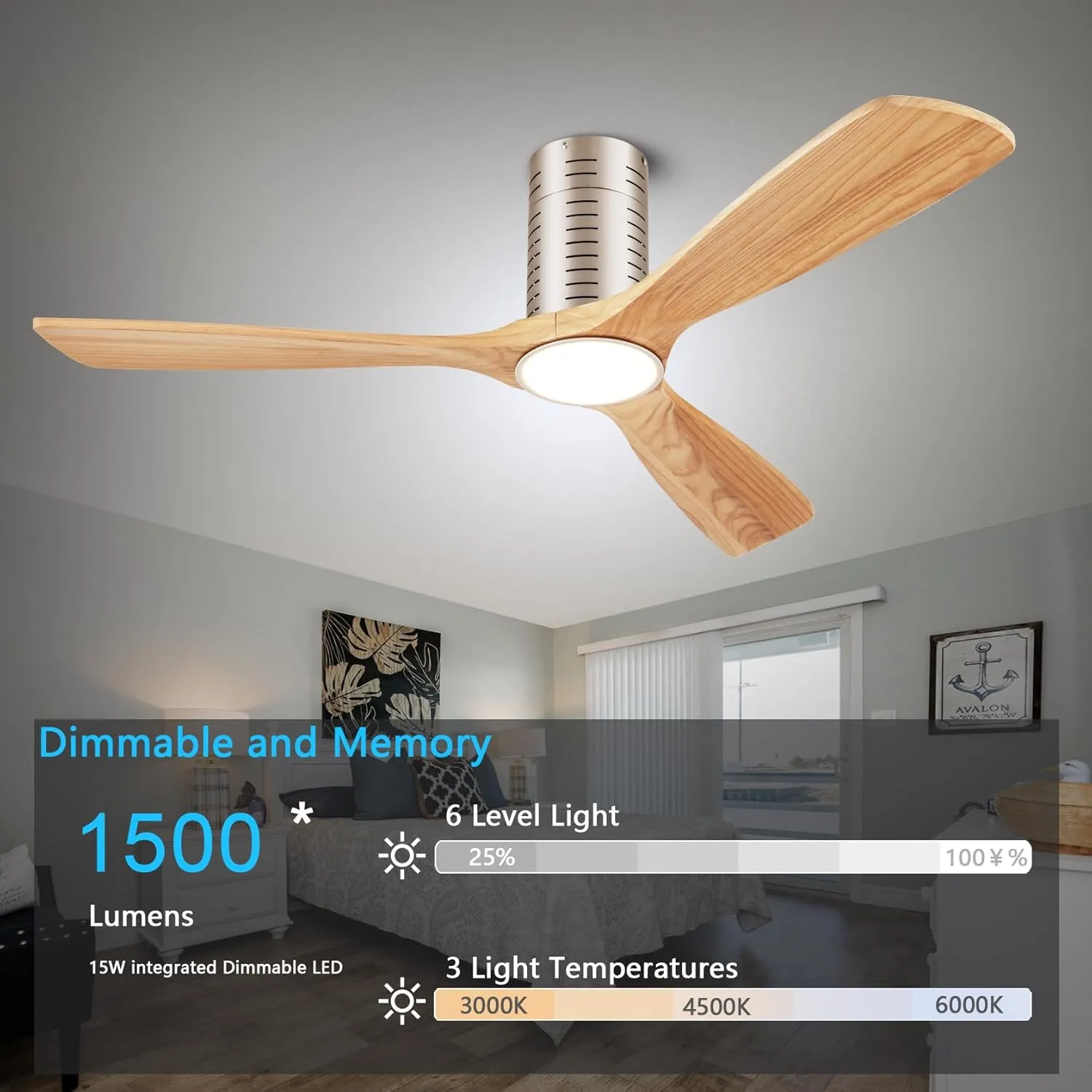 Flush Mount Ceiling Fans, 52 Inch Ceiling Fan with Remote/APP Control,3CCT Dimmable Lights,Noiseless Reversible DC Motor,3 Solid Wood Blades,Low Profile Ceiling Fans for Bedroom,Farmhouse,Patio