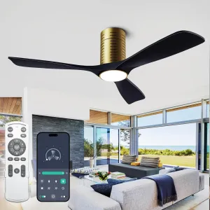Flush Mount Ceiling Fans, 52 Inch Ceiling Fan with Remote/APP Control,3CCT Dimmable Lights,Noiseless Reversible DC Motor,3 Solid Wood Blades,Low Profile Ceiling Fans for Bedroom,Farmhouse,Patio App-controlled remote fan for convenience