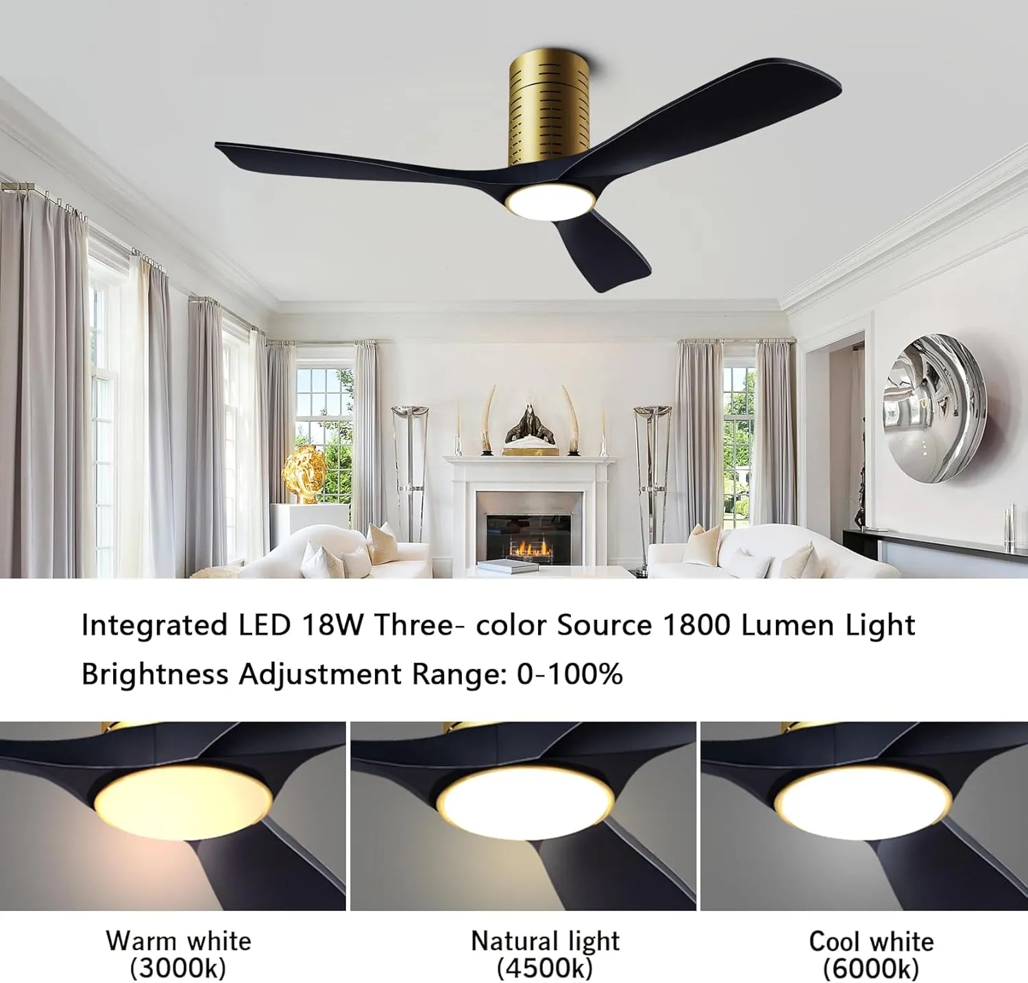 Flush Mount Ceiling Fans, 52 Inch Ceiling Fan with Remote/APP Control,3CCT Dimmable Lights,Noiseless Reversible DC Motor,3 Solid Wood Blades,Low Profile Ceiling Fans for Bedroom,Farmhouse,Patio