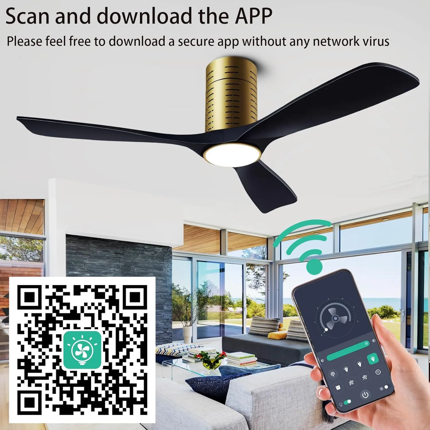 Flush Mount Ceiling Fans, 52 Inch Ceiling Fan with Remote/APP Control,3CCT Dimmable Lights,Noiseless Reversible DC Motor,3 Solid Wood Blades,Low Profile Ceiling Fans for Bedroom,Farmhouse,Patio