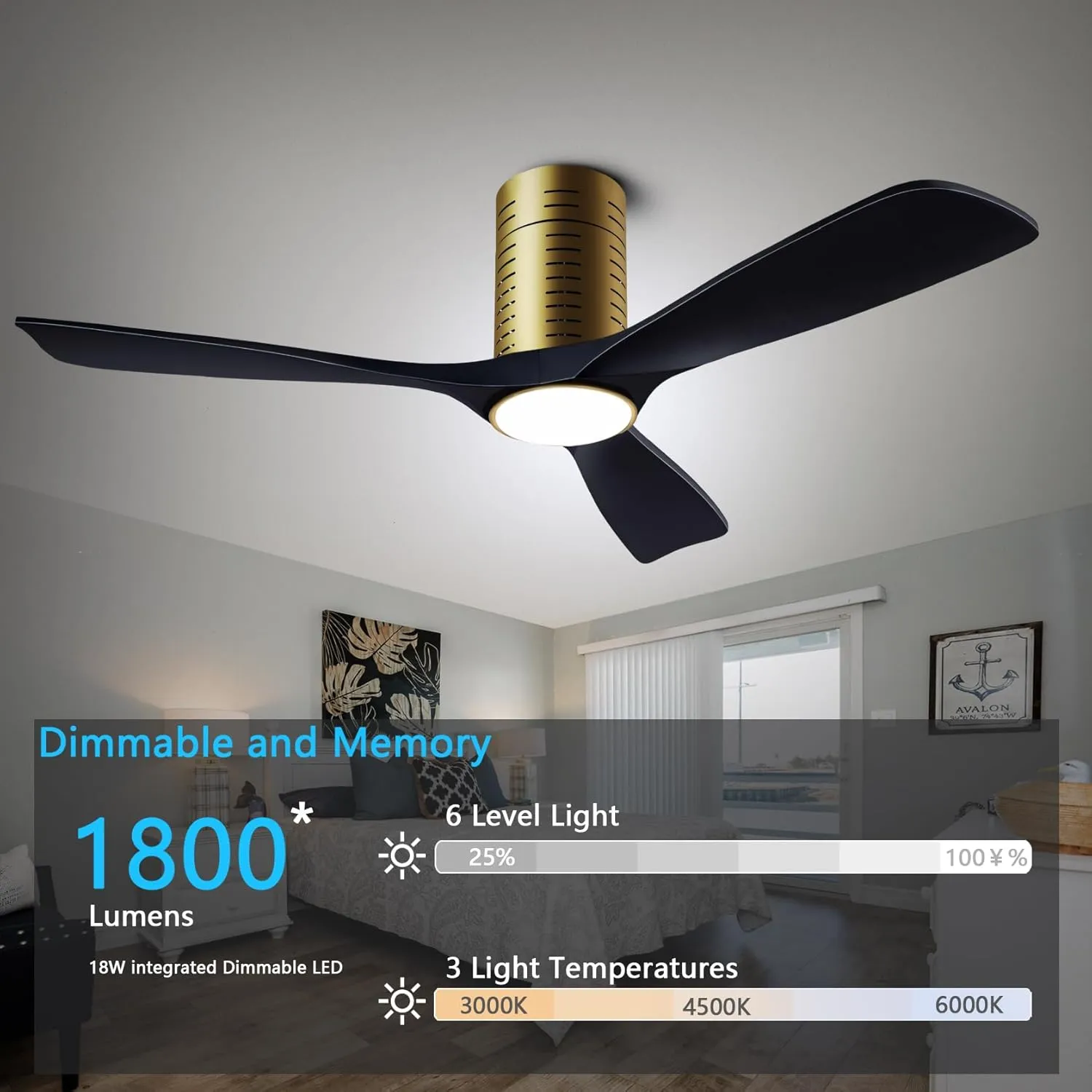 Flush Mount Ceiling Fans, 52 Inch Ceiling Fan with Remote/APP Control,3CCT Dimmable Lights,Noiseless Reversible DC Motor,3 Solid Wood Blades,Low Profile Ceiling Fans for Bedroom,Farmhouse,Patio
