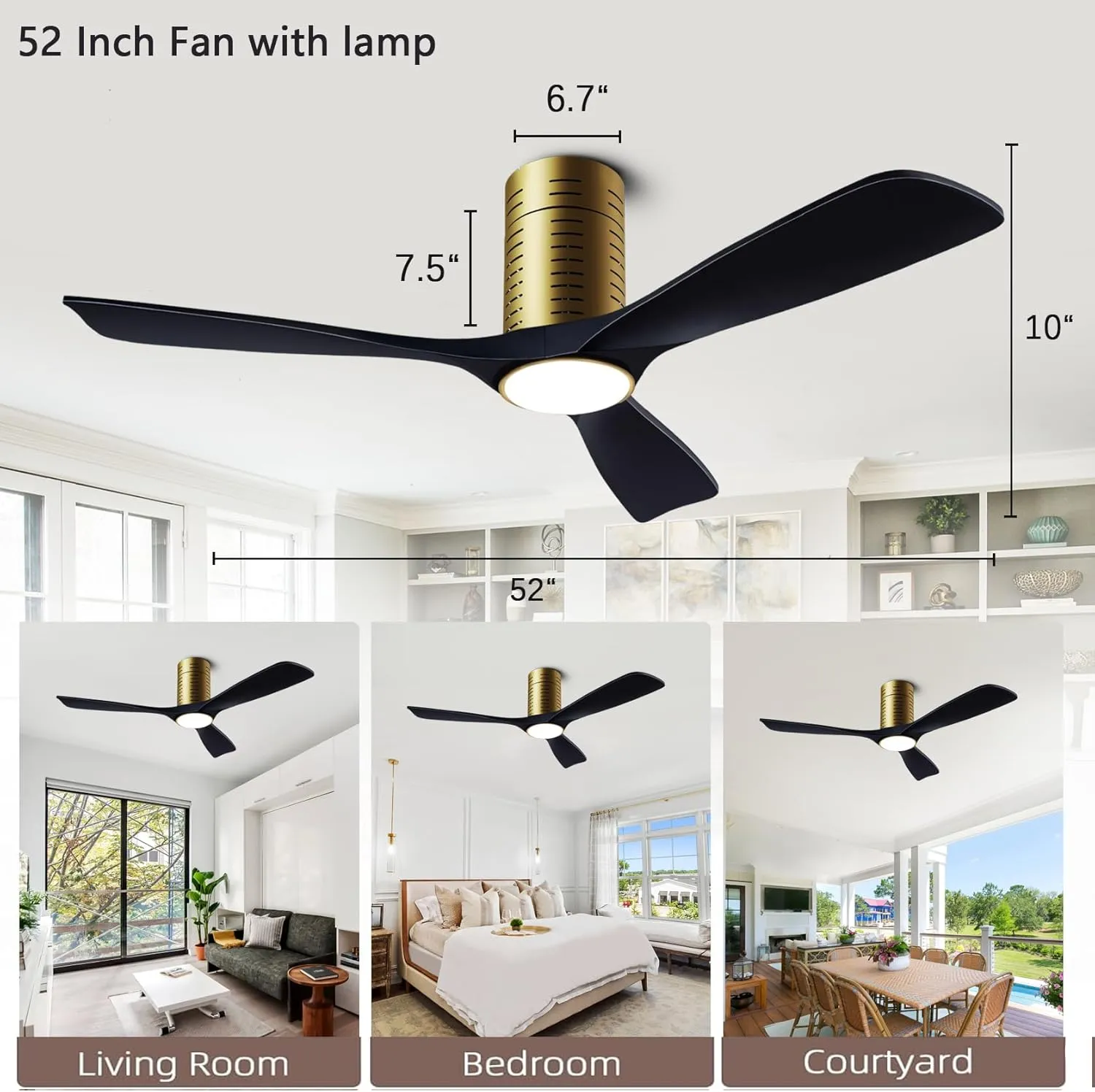 Flush Mount Ceiling Fans, 52 Inch Ceiling Fan with Remote/APP Control,3CCT Dimmable Lights,Noiseless Reversible DC Motor,3 Solid Wood Blades,Low Profile Ceiling Fans for Bedroom,Farmhouse,Patio