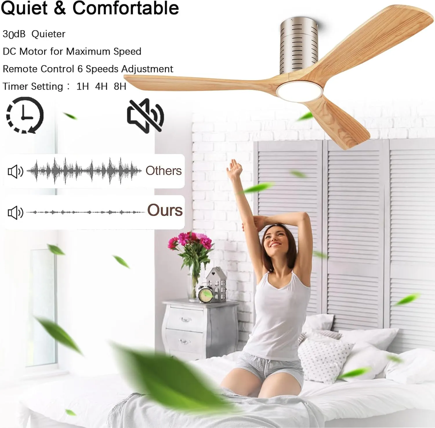 Flush Mount Ceiling Fans, 52 Inch Ceiling Fan with Remote/APP Control,3CCT Dimmable Lights,Noiseless Reversible DC Motor,3 Solid Wood Blades,Low Profile Ceiling Fans for Bedroom,Farmhouse,Patio