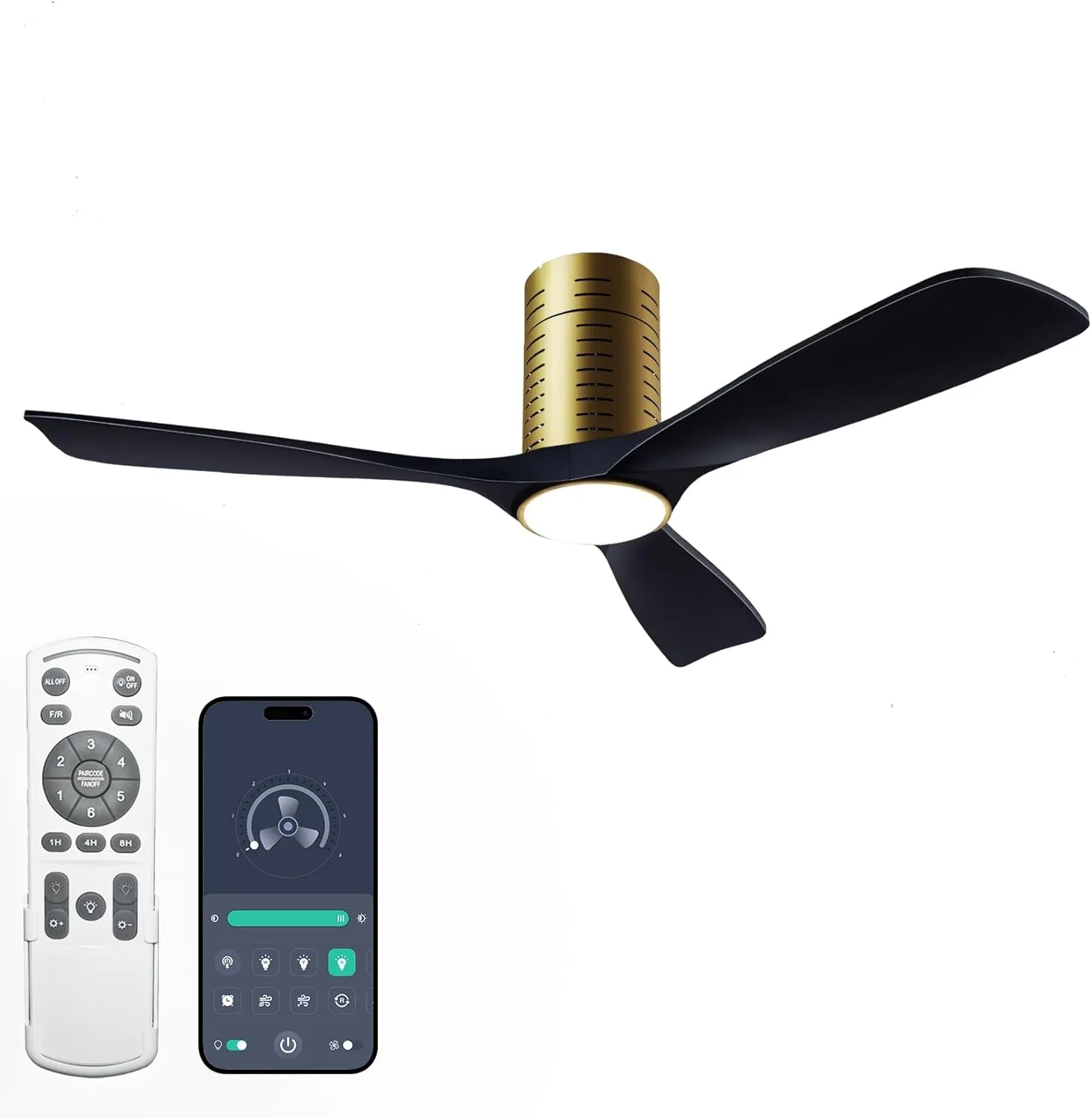 Flush Mount Ceiling Fans, 52 Inch Ceiling Fan with Remote/APP Control,3CCT Dimmable Lights,Noiseless Reversible DC Motor,3 Solid Wood Blades,Low Profile Ceiling Fans for Bedroom,Farmhouse,Patio