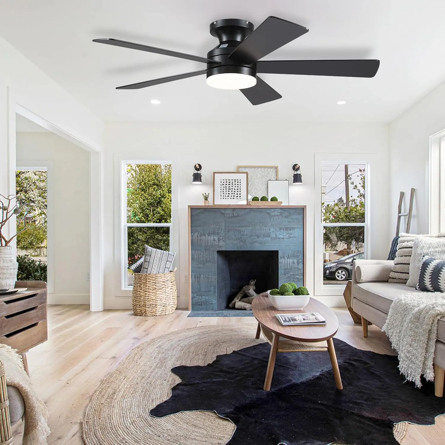 Flush Mount Ceiling Fans with Lights - 46" Black Low Profile Ceiling Fan Light with Remote/APP, 6 Speeds Mute Reversible Motor, Modern Ceiling Fans for Indoor and Outdoor, Bedroom, Patios