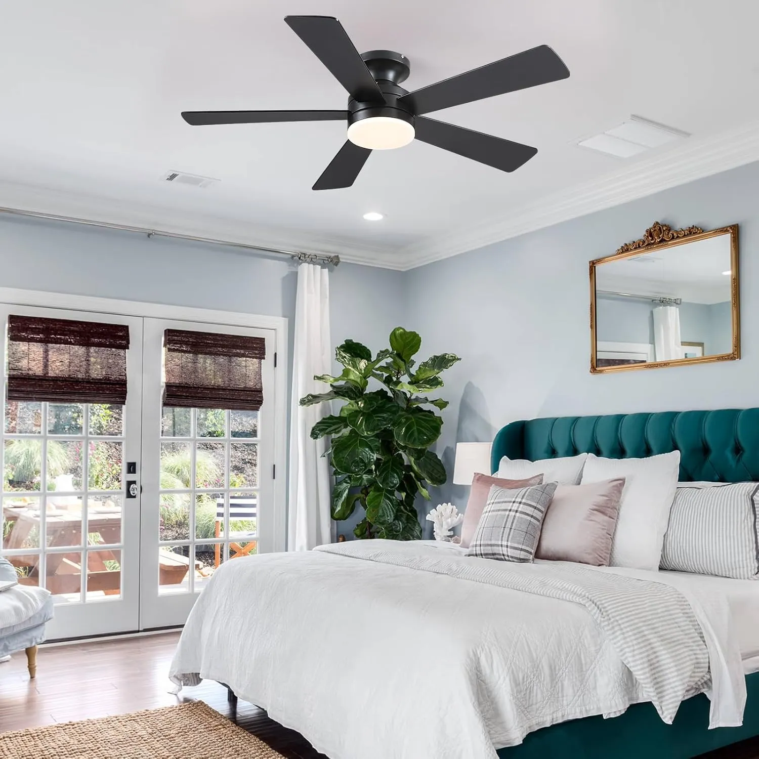 Flush Mount Ceiling Fans with Lights - 46" Black Low Profile Ceiling Fan Light with Remote/APP, 6 Speeds Mute Reversible Motor, Modern Ceiling Fans for Indoor and Outdoor, Bedroom, Patios