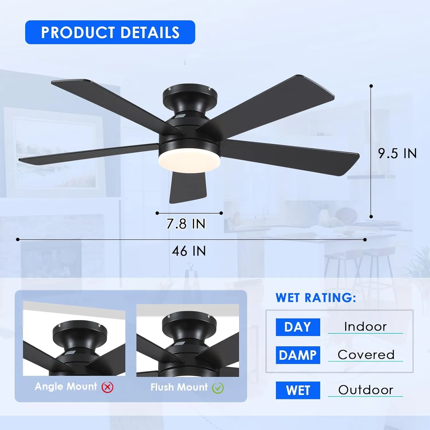Flush Mount Ceiling Fans with Lights - 46" Black Low Profile Ceiling Fan Light with Remote/APP, 6 Speeds Mute Reversible Motor, Modern Ceiling Fans for Indoor and Outdoor, Bedroom, Patios