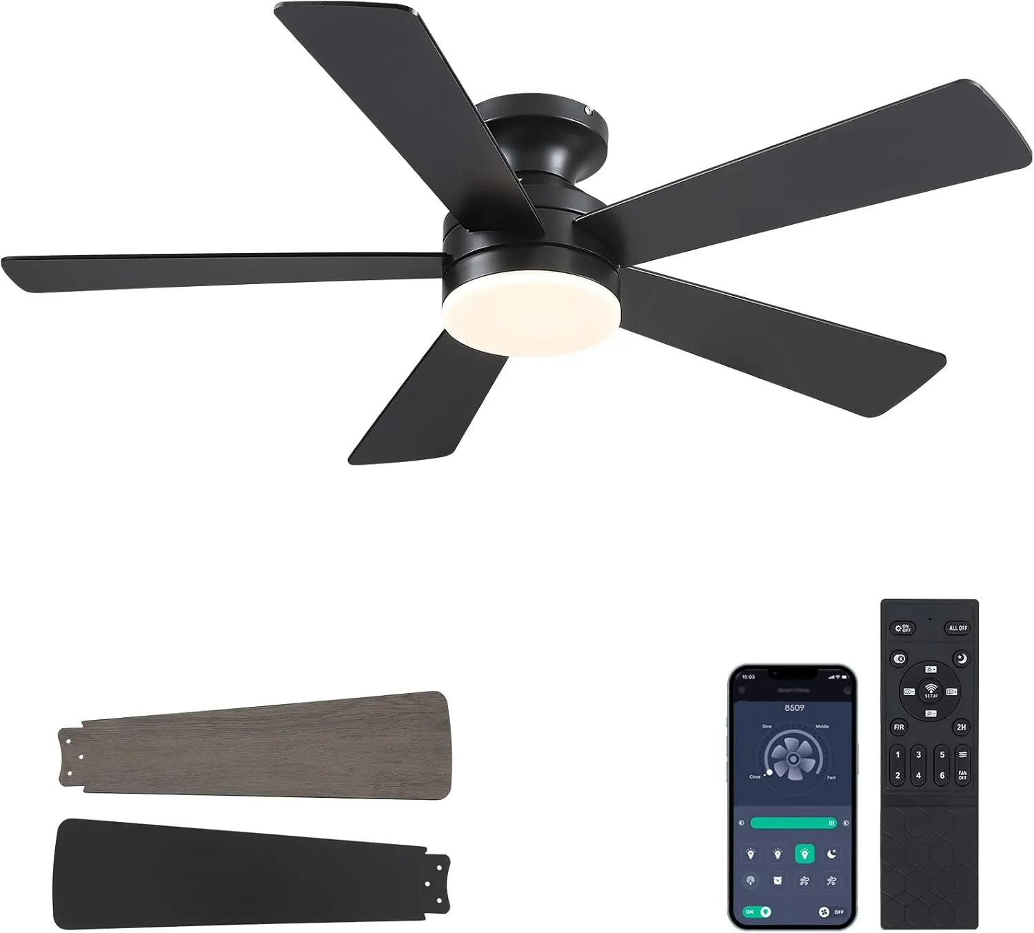 Flush Mount Ceiling Fans with Lights - 46" Black Low Profile Ceiling Fan Light with Remote/APP, 6 Speeds Mute Reversible Motor, Modern Ceiling Fans for Indoor and Outdoor, Bedroom, Patios App-controlled remote fan for convenience