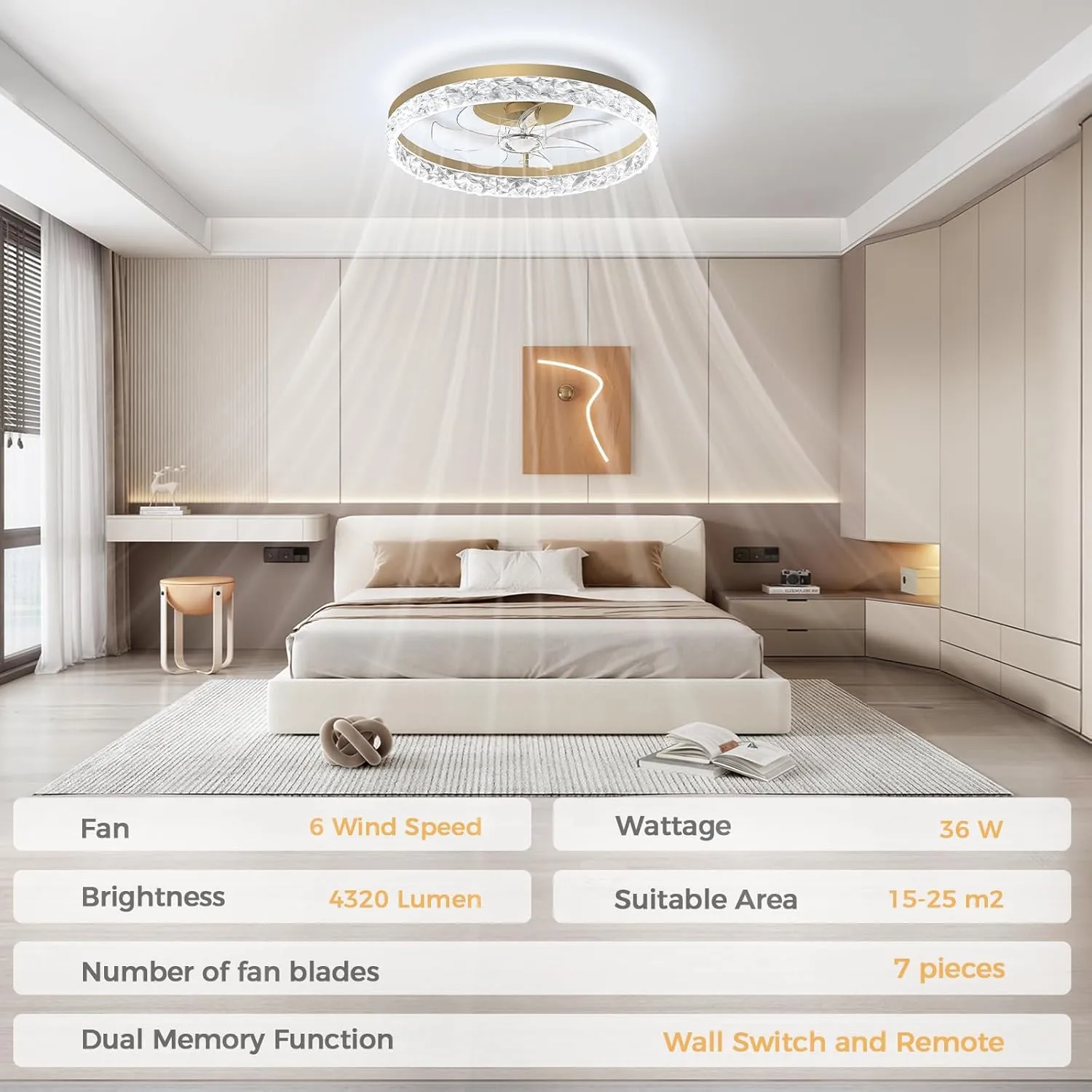 Flush Mount Golden Ceiling Fans with Lights Low Profile and Remote 20 Inch Smart Modern Led Lights for Bedroom Kids Room Garage and Living Room