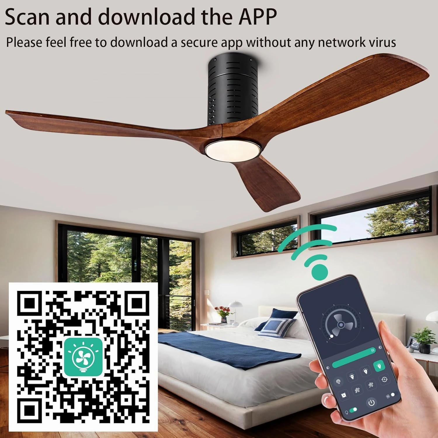 Flush Mount Ceiling Fans, 52 Inch Ceiling Fan with Remote/APP Control,3CCT Dimmable Lights,Noiseless Reversible DC Motor,3 Solid Wood Blades,Low Profile Ceiling Fans for Bedroom,Farmhouse,Patio