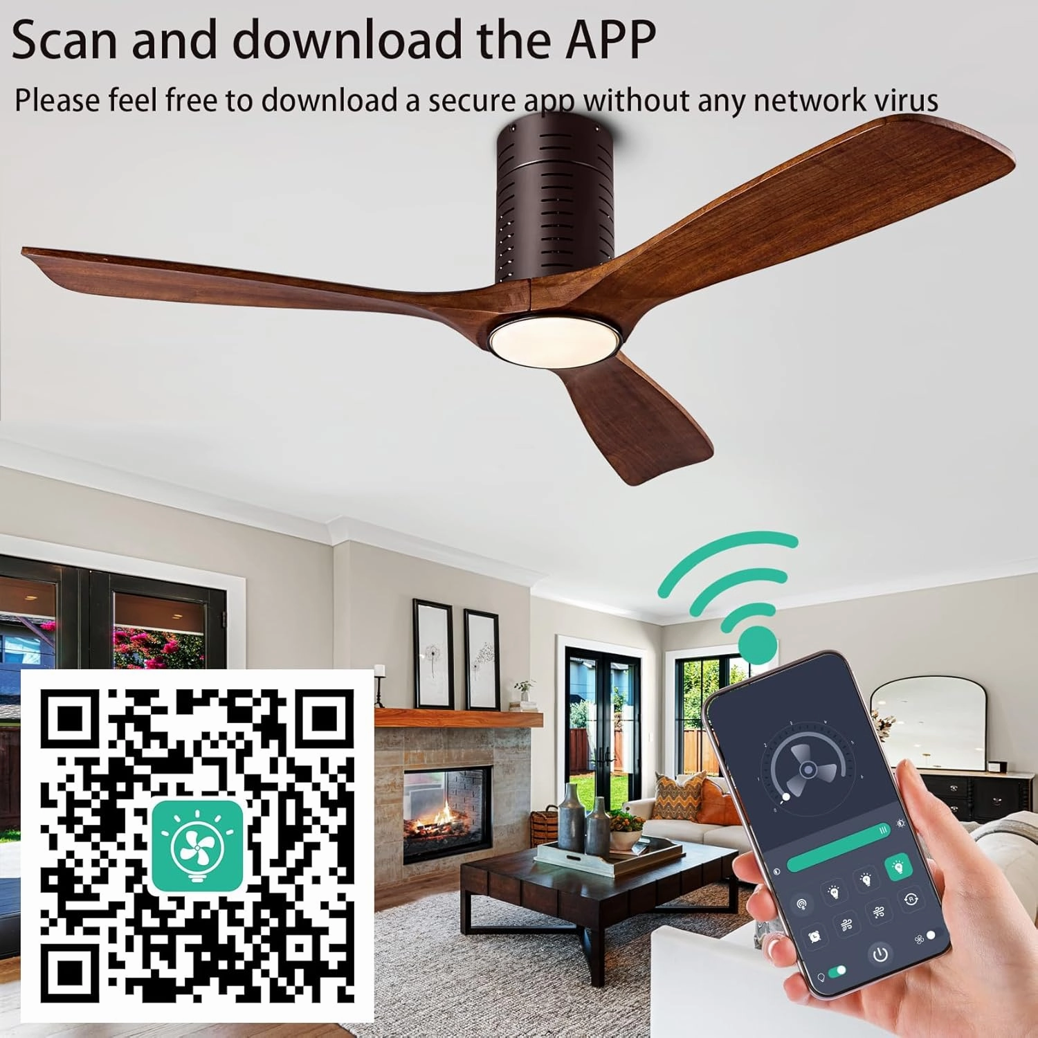 Flush Mount Ceiling Fans, 52 Inch Ceiling Fan with Remote/APP Control,3CCT Dimmable Lights,Noiseless Reversible DC Motor,3 Solid Wood Blades,Low Profile Ceiling Fans for Bedroom,Farmhouse,Patio