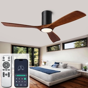 Flush Mount Ceiling Fans, 52 Inch Ceiling Fan with Remote/APP Control,3CCT Dimmable Lights,Noiseless Reversible DC Motor,3 Solid Wood Blades,Low Profile Ceiling Fans for Bedroom,Farmhouse,Patio App-controlled remote fan for convenience