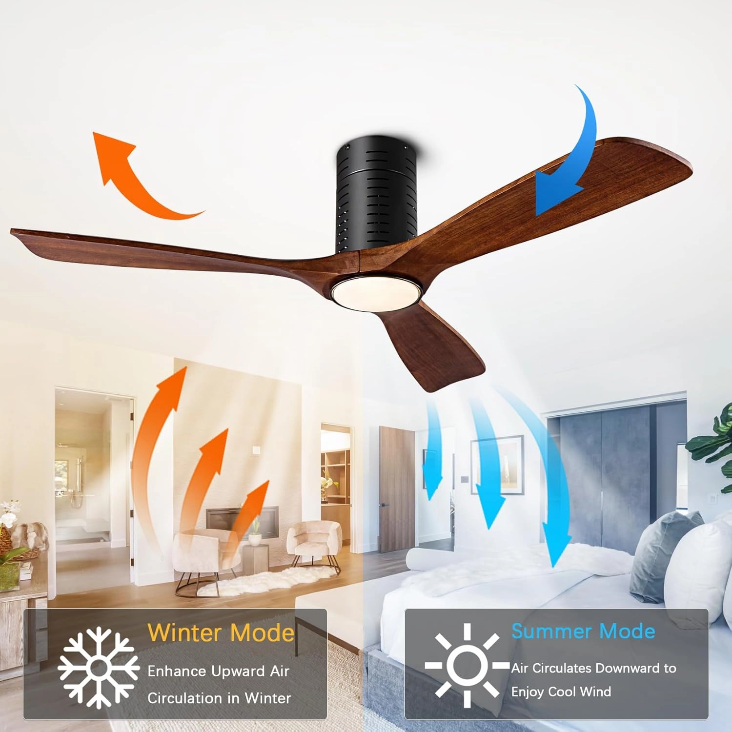 Flush Mount Ceiling Fans, 52 Inch Ceiling Fan with Remote/APP Control,3CCT Dimmable Lights,Noiseless Reversible DC Motor,3 Solid Wood Blades,Low Profile Ceiling Fans for Bedroom,Farmhouse,Patio