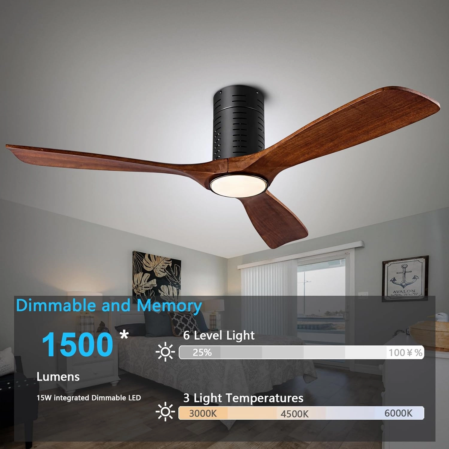 Flush Mount Ceiling Fans, 52 Inch Ceiling Fan with Remote/APP Control,3CCT Dimmable Lights,Noiseless Reversible DC Motor,3 Solid Wood Blades,Low Profile Ceiling Fans for Bedroom,Farmhouse,Patio