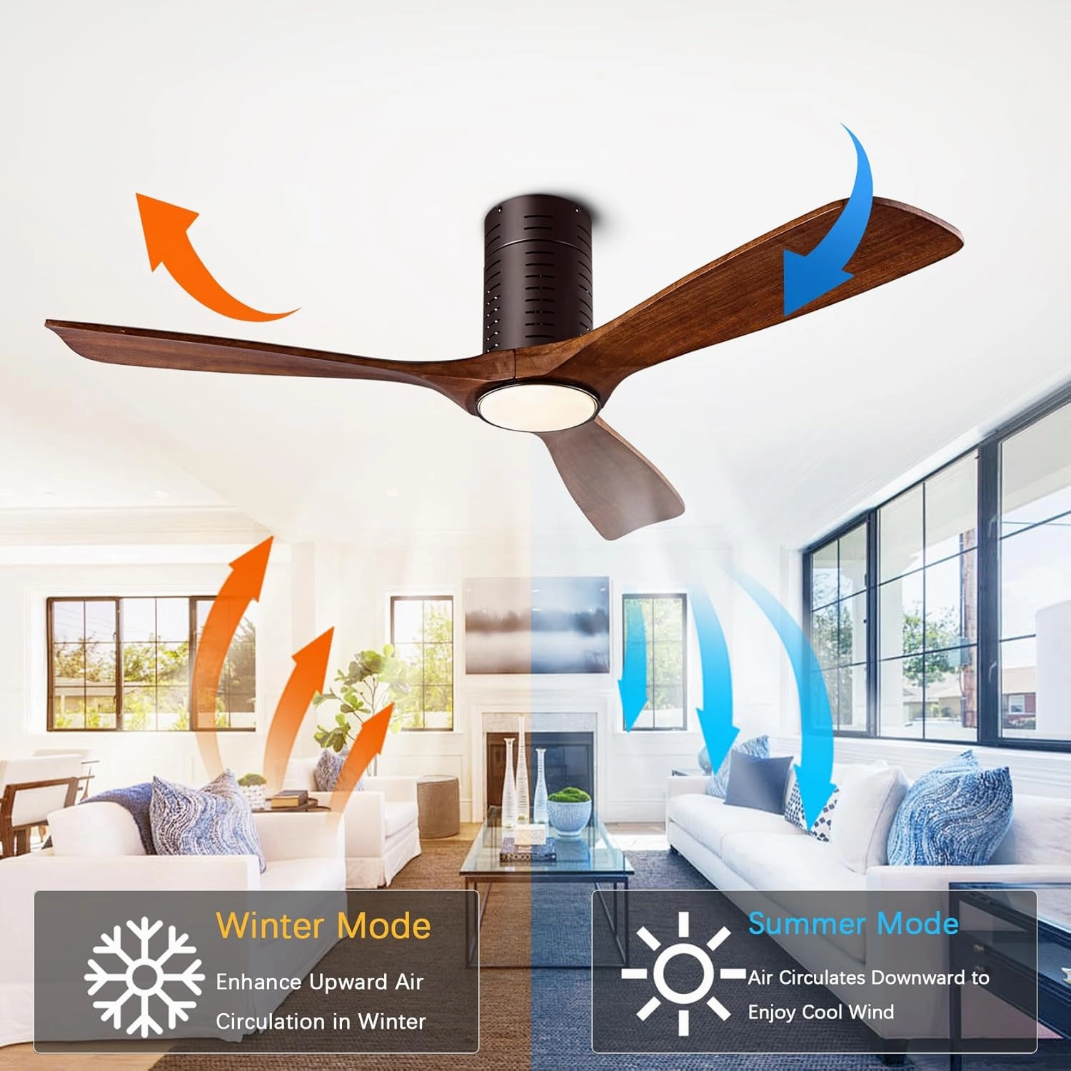 Flush Mount Ceiling Fans, 52 Inch Ceiling Fan with Remote/APP Control,3CCT Dimmable Lights,Noiseless Reversible DC Motor,3 Solid Wood Blades,Low Profile Ceiling Fans for Bedroom,Farmhouse,Patio
